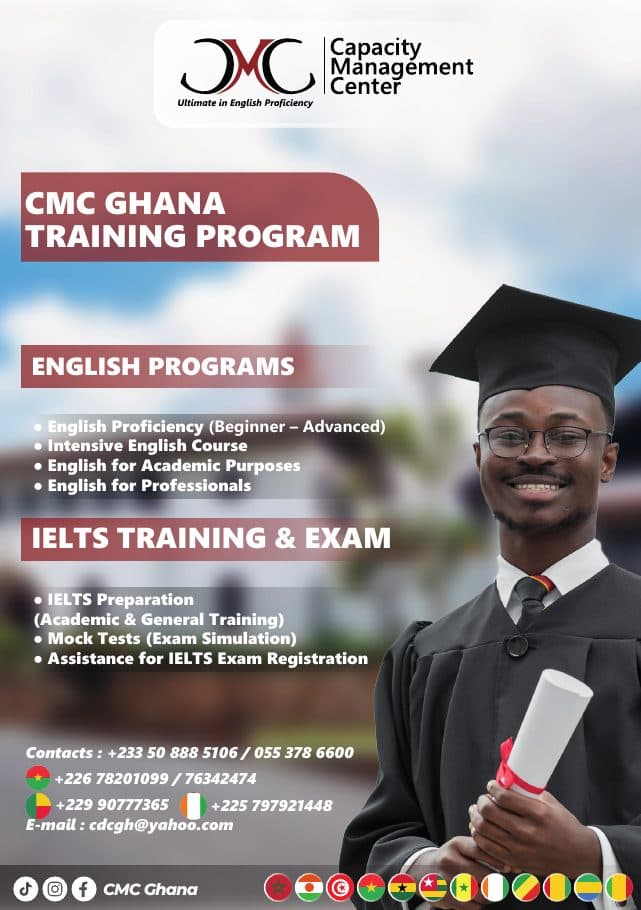 CMC Ghana training program flyer: English proficiency, intensive English, English for academic purposes and professionals, IELTS training and exam preparation.