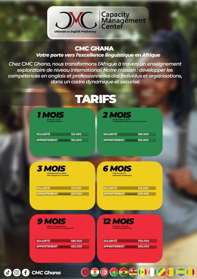 CMC Ghana tariffs: tuition and shared apartment prices in CFA for 1, 2, 3, 6, 9 and 12 month English programs.